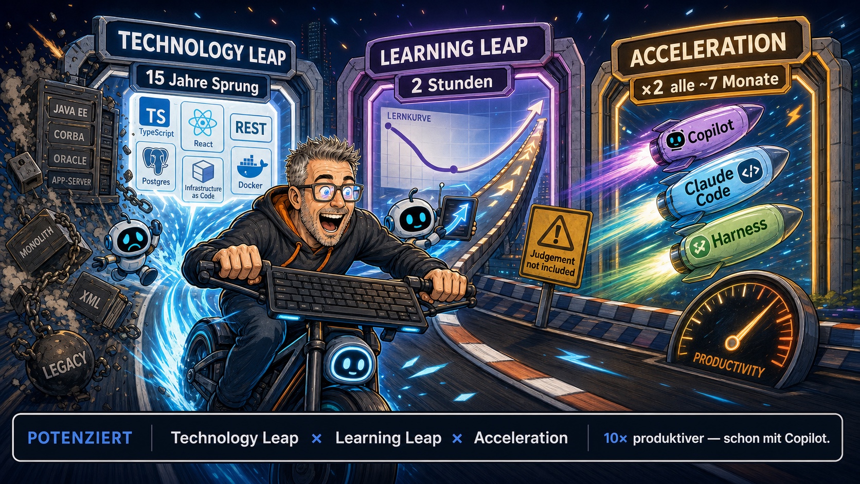 20X – comic: Mischa on the bicycle, Technology Leap × Learning Leap × Acceleration
