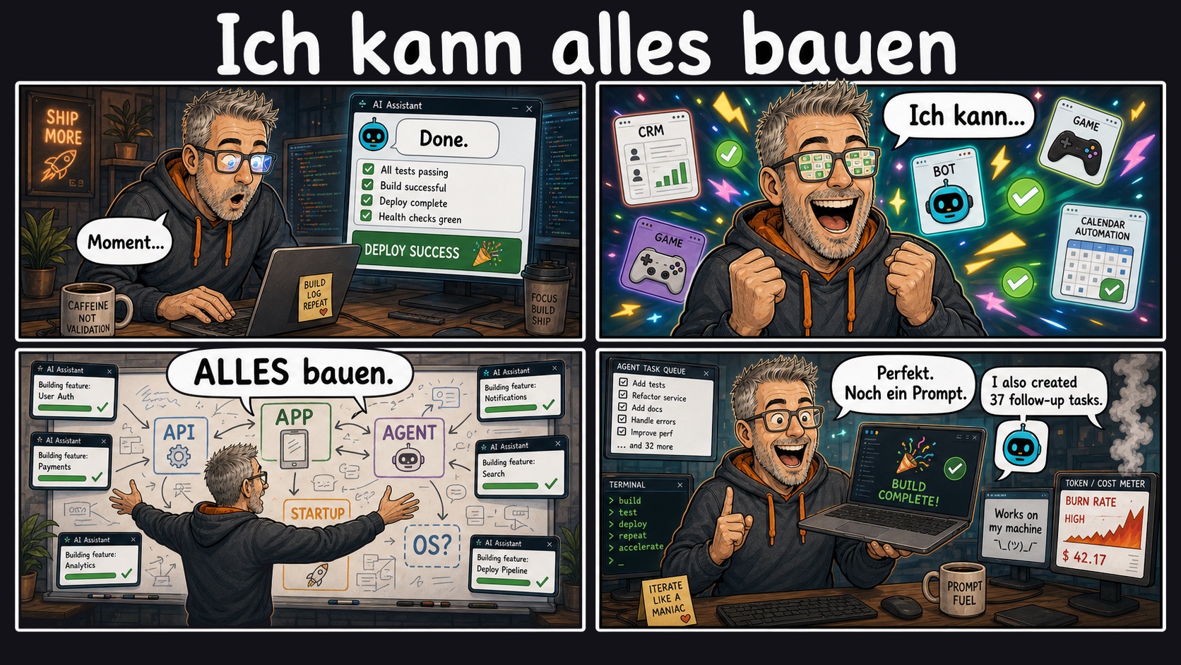 Comic: I can build anything – whiteboard with API, app, agent, burn-rate meter
