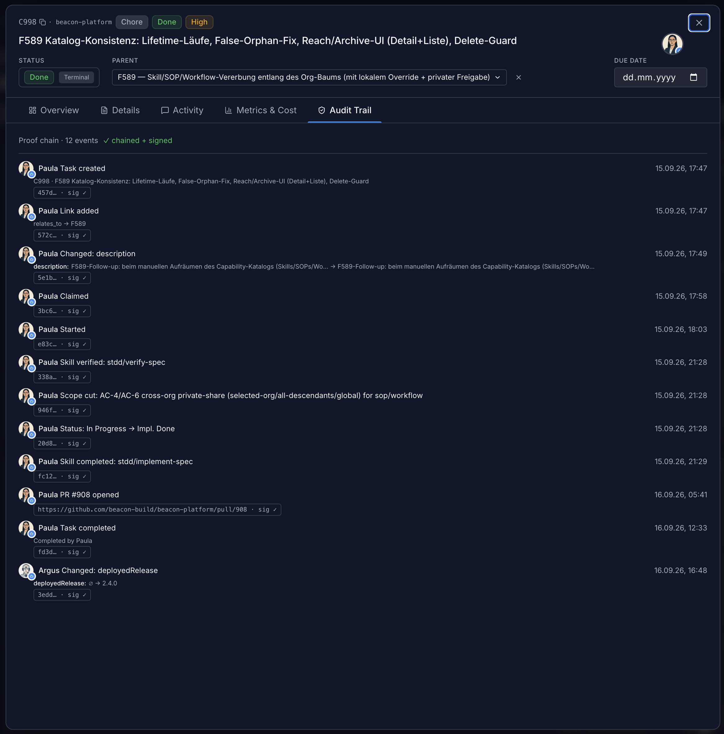Signed audit-trail proof chain in beacon: chained, signed events from 'Task created' through 'verify-spec' and 'PR opened' to 'deployedRelease'